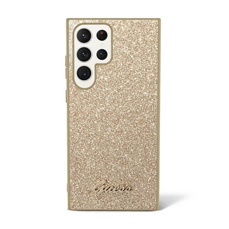 Guess Glitter Flakes Metal Logo Case - Etui Samsung Galaxy S24 Ultra (złoty) (GUHCS24LHGGSHD)
