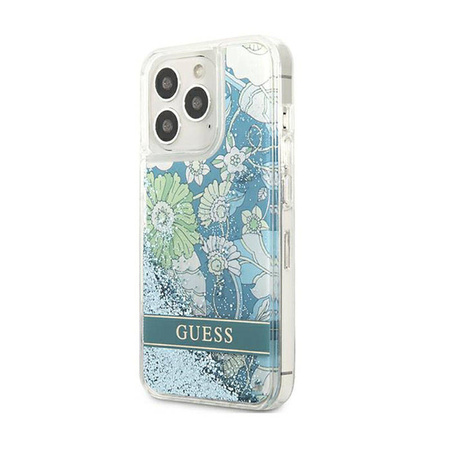 Guess Liquid Glitter Flower – Etui iPhone 13 Pro (niebieski/zielony) (GUHCP13LLFLSN)