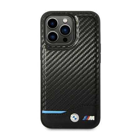 BMW Leather Carbon Blue Line – Etui iPhone 14 Pro (Czarny) (BMHCP14L22NBCK)