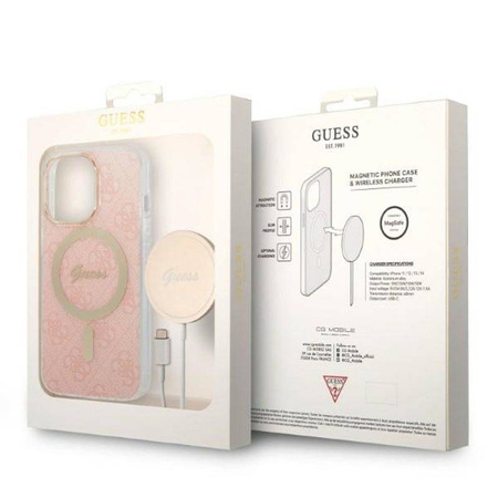 Guess Bundle Pack MagSafe 4G - Zestaw etui + ładowarka MagSafe iPhone 13 Pro (różowy/złoty) (GUBPP13LH4EACSP)
