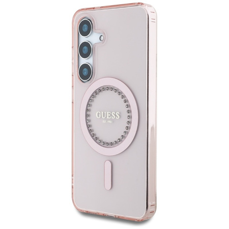 Guess Rhinestones Printed Classic Logo MagSafe - Etui do Samsung Galaxy S25 (różowy) (GUHMS25SPFTDTEP)
