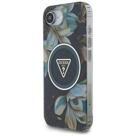 Guess IML Metal Glitter Flowers Triangle MagSafe - Etui do iPhone 16e (czarny) (GUHMPSE4HFLPEDK)