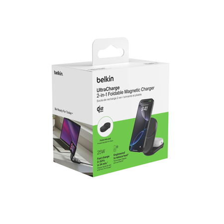 Belkin Ładowarka magnetyczna Qi2 25 W, składana 2w1, zasilacz 45W, czarna (WIZ039KQBK)