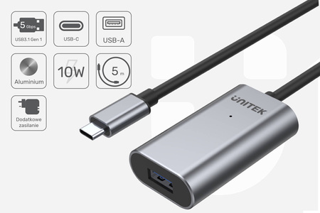 Unitek wzmacniacz sygnału USB-C na USB(A) 5M - czarny-srebrny (U304A)