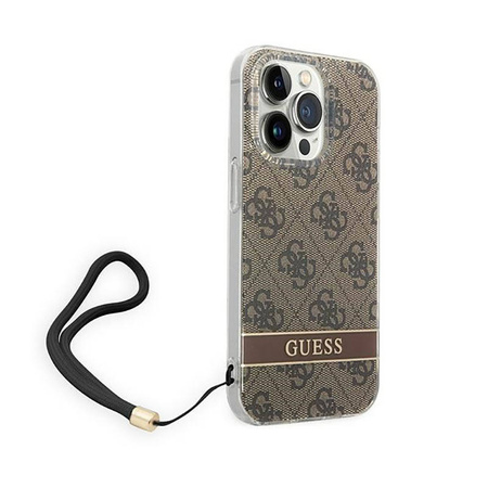 Guess 4G Print Cord - Etui ze smyczką iPhone 14 Pro Max (brązowy) (GUOHCP14XH4STW)