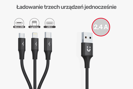 Unitek Kabel Przewód ładujący USB 3 w 1 czarny (C14049BK)