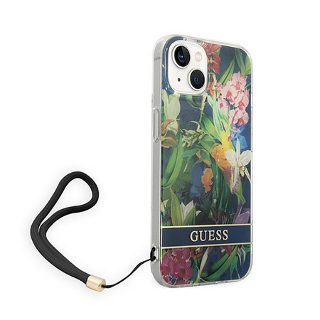Guess Flower Cord - Etui ze smyczką iPhone 14 Plus (niebieski) (GUOHCP14MHFLSB)