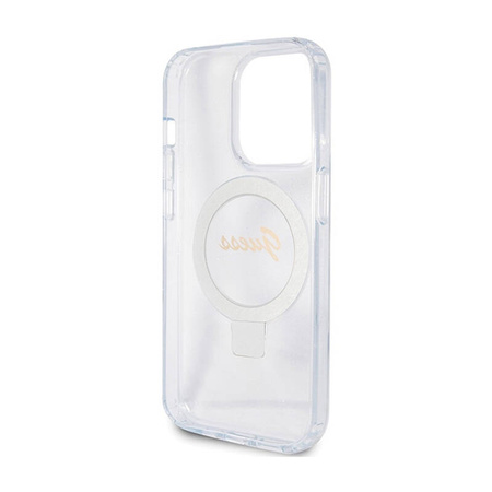 Guess Ring Stand Script Glitter MagSafe - Etui iPhone 15 Pro (przezroczysty) (GUHMP15LHRSGSD)