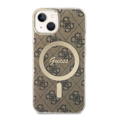 Guess Bundle Pack MagSafe 4G - Zestaw etui + ładowarka MagSafe iPhone 14 Plus (brązowy/złoty) (GUBPP14MH4EACSW)