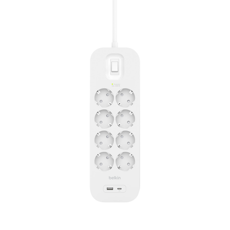 Belkin Listwa antyprzepięciowa 900 J, 8 gniazd Schuko, USB-C PD 18W, USB-A, biała (SRB003VF2M-V2)