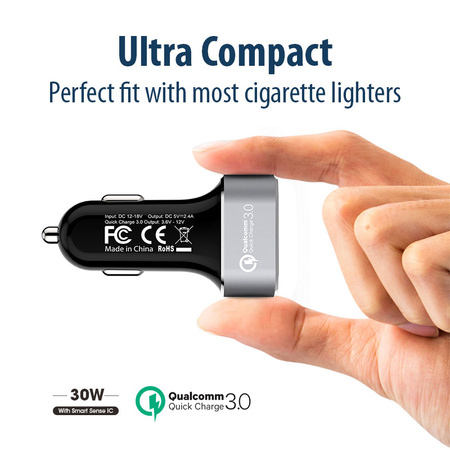 Crong Power Car Charger 30W - Ładowarka samochodowa USB QuickCharge 3.0 + USB 2.4A (aluminium) (CRG-PWRC-USB30-ALU)