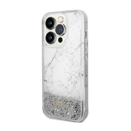 Guess Liquid Glitter Marble - Etui iPhone 14 Pro Max (Biały) (GUHCP14XLCSGSGH)