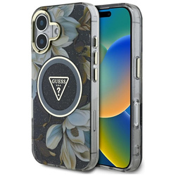 Guess Glitter Flowers Triangle Buttons MagSafe - Etui do iPhone 16 (czarny) (GUHMP16SHFLPEDK)