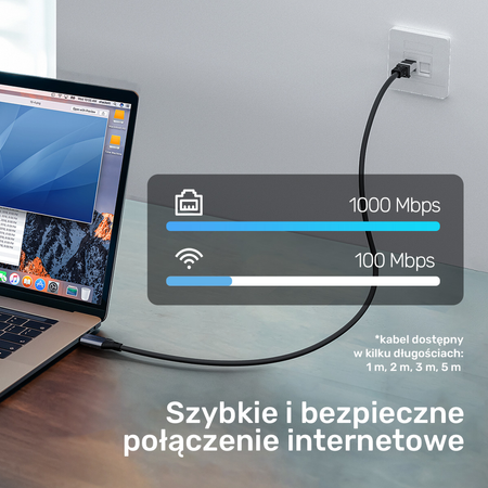 Unitek Kabel Ethernet USB C RJ-45 LAN, przewód sieciowy, 3m (C18148AGY01-3M)