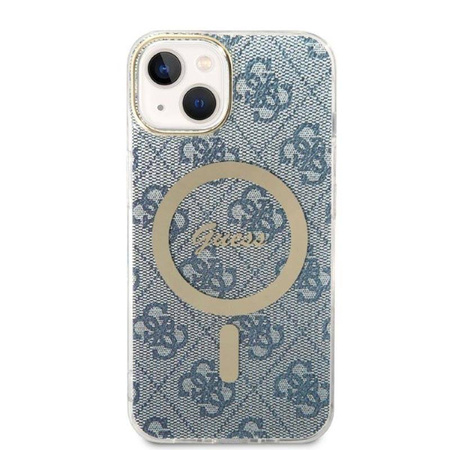 Guess Bundle Pack MagSafe 4G - Zestaw etui + ładowarka MagSafe iPhone 14 (niebieski/złoty) (GUBPP14SH4EACSB)
