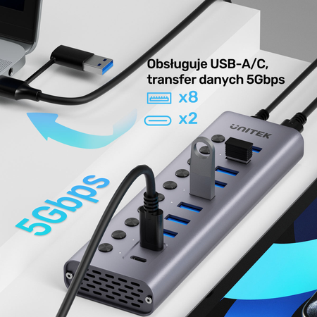 Unitek Hub USB C/USB A 10w1 5Gbps, 8x USB A, 2x USB C z włącznikami portów (H1315B01-EU)
