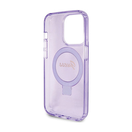 Guess Ring Stand Script Glitter MagSafe - Etui iPhone 15 Pro (fioletowy) (GUHMP15LHRSGSU)
