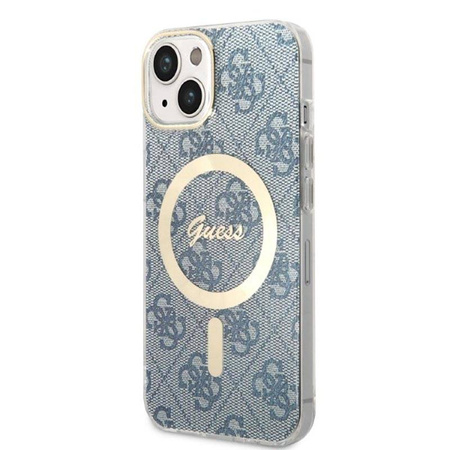 Guess Bundle Pack MagSafe 4G - Zestaw etui + ładowarka MagSafe iPhone 14 (niebieski/złoty) (GUBPP14SH4EACSB)