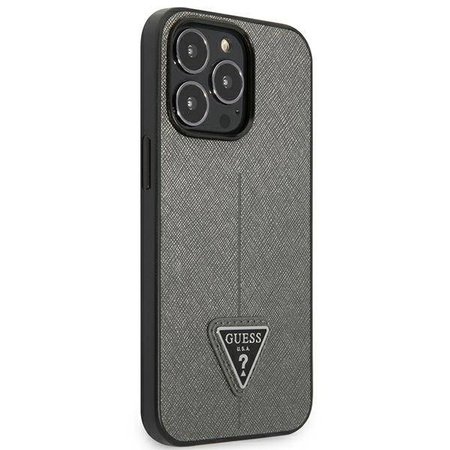 Guess Saffiano Triangle Logo Case – Etui iPhone 13 Pro Max (srebrny) (GUHCP13XPSATLG)