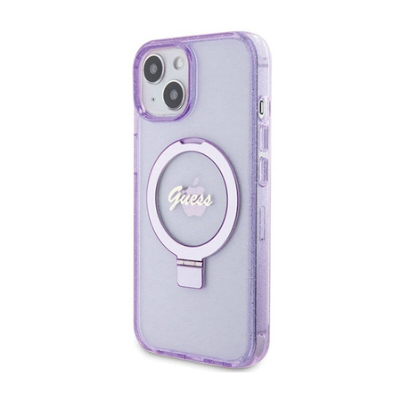 Guess Ring Stand Script Glitter MagSafe - Etui iPhone 15 Plus (fioletowy) (GUHMP15MHRSGSU)