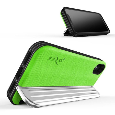 Zizo Retro Series - Etui iPhone Xs / X z kieszenią na karty + podstawka + szkło 9H na ekran (Neon Green/Silver) (RET-IPH8-NGRSL)