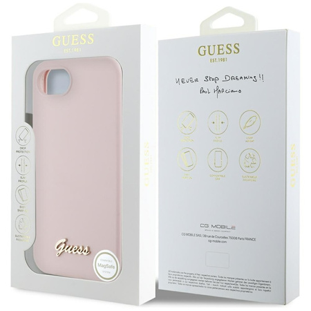 Guess Silicone Script Metal Logo MagSafe - Etui do iPhone 16e (różowy) (GUHMPSE4SMBSLP)