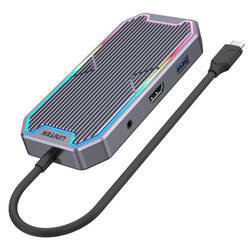 Unitek Świecący Hub USB-C HDMI RJ45 3,5mm audio 100W 10Gbps szary (D1029A)