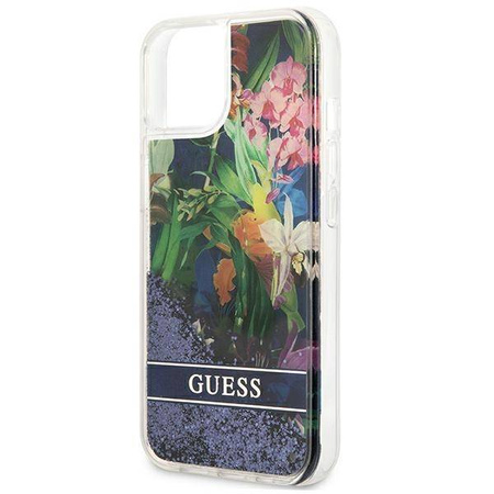 Guess Liquid Glitter Flower – Etui iPhone 13 mini (niebieski) (GUHCP13SLFLSB)