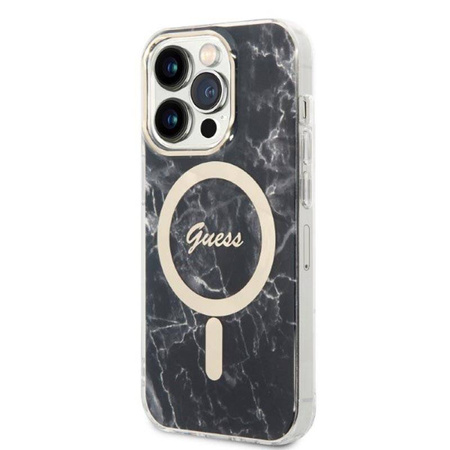 Guess Bundle Pack MagSafe IML Marble - Zestaw etui + ładowarka MagSafe iPhone 14 Pro (czarny/złoty) (GUBPP14LHMEACSK)