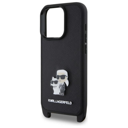 Karl Lagerfeld Saffiano Karl & Choupette Metal Pin CBDY Strap - Etui iPhone 16 Pro (czarny) (KLHCP16LSAKCPBK)