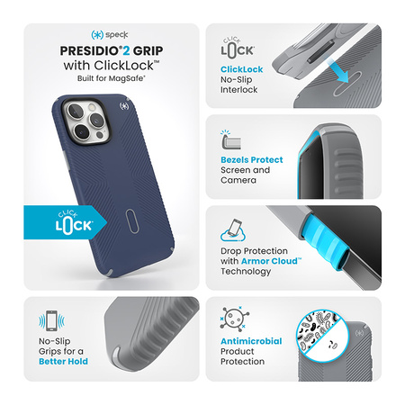 Speck Presidio2 Grip ClickLock & MagSafe - Etui iPhone 16 Pro Max (Coastal Blue / Dust Grey / White) (150725-3206)