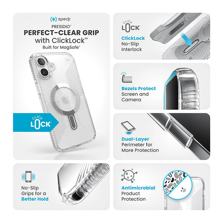 Speck Presidio Perfect-Clear Grip ClickLock & MagSafe - Etui iPhone 16 Plus (Clear / Chrome Finish / Serene Silver) (150716-3199)