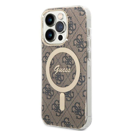 Guess Bundle Pack MagSafe 4G - Zestaw etui + ładowarka MagSafe iPhone 14 Pro Max (brązowy/złoty) (GUBPP14XH4EACSW)