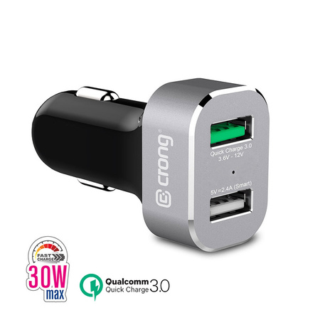 Crong Power Car Charger 30W - Ładowarka samochodowa USB QuickCharge 3.0 + USB 2.4A (aluminium) (CRG-PWRC-USB30-ALU)
