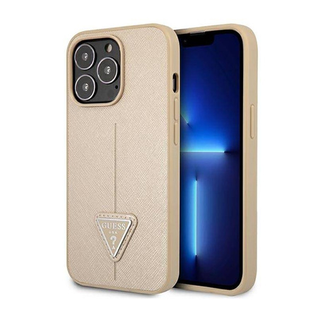 Guess Saffiano Triangle Logo Case – Etui iPhone 14 Pro (beżowy) (GUHCP14LPSATLE)