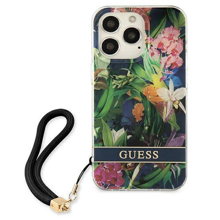 Guess Flower Cord - Etui ze smyczką iPhone 13 Pro Max (Blue) (GUHCP13XHFLSB)