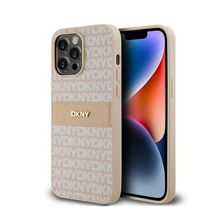 DKNY Leather Mono Stripe & Metal Logo - Etui iPhone 14 Pro (różowy) (DKHCP14LPRTHSLP)
