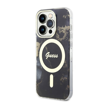 Guess Golden Marble MagSafe - Etui iPhone 14 Pro Max (Czarny) (GUHMP14XHTMRSK)