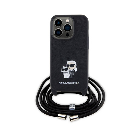 Karl Lagerfeld Crossbody Saffiano Metal Pin Karl & Choupette - Etui iPhone 15 Pro (czarny) (KLHCP15LSAKCPSK)