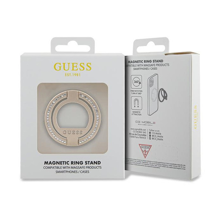 Guess MagSafe Ring Stand Rhinestone - Magnetyczny uchwyt na palec do telefonu z funkcją standu (Złoty) (GUMRSALDGD)