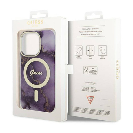 Guess Golden Marble MagSafe - Etui iPhone 14 Pro (Purpurowy) (GUHMP14LHTMRSU)