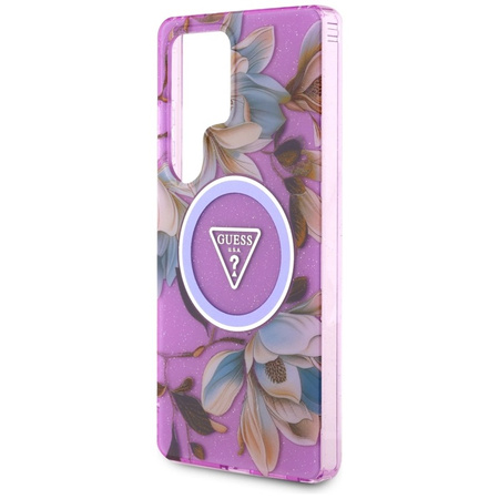 Guess Glitter Flowers Triangle Buttons MagSafe - Etui do Samsung Galaxy S25 Ultra (fioletowy) (GUHMS25LHFLPEDU)