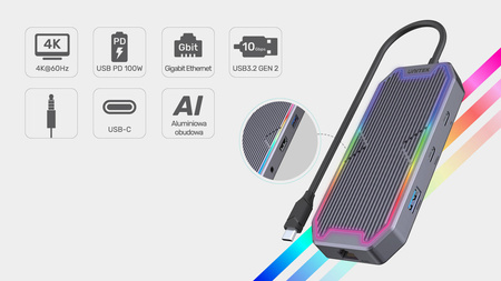 Unitek Świecący Hub USB-C HDMI RJ45 3,5mm audio 100W 10Gbps szary (D1029A)