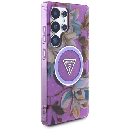 Guess Glitter Flowers Triangle Buttons MagSafe - Etui do Samsung Galaxy S25 Ultra (fioletowy) (GUHMS25LHFLPEDU)