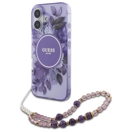 Guess IML Flowers With Pearl Strap MagSafe - Etui iPhone 16 (fioletowy) (GUHMP16SHFWBRCESU)