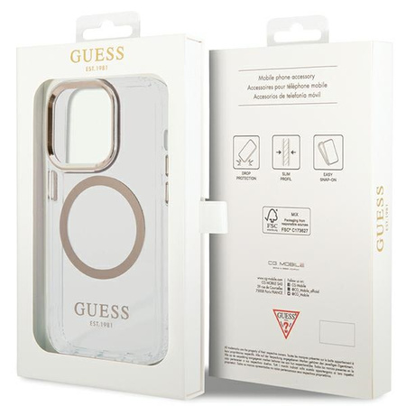 Guess Metal Outline Magsafe - Etui iPhone 15 (przezroczysty / złoty) (GUHMP15SHTRMD)