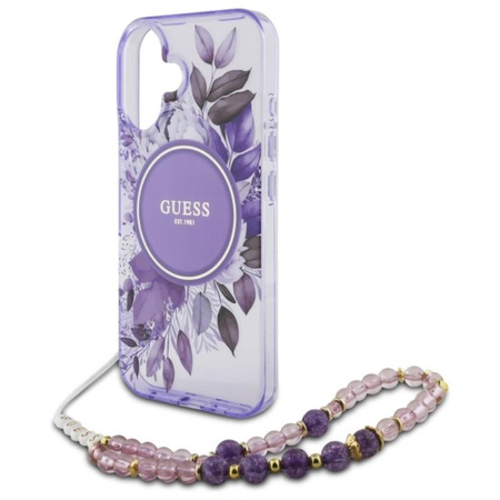 Guess IML Flowers With Pearl Strap MagSafe - Etui iPhone 16 (fioletowy) (GUHMP16SHFWBRCESU)