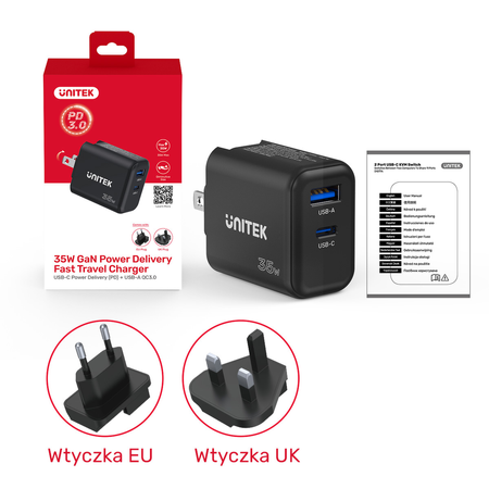 Unitek ładowarka GaN PD 35W USB-C + USB-A czarna (P1119A)