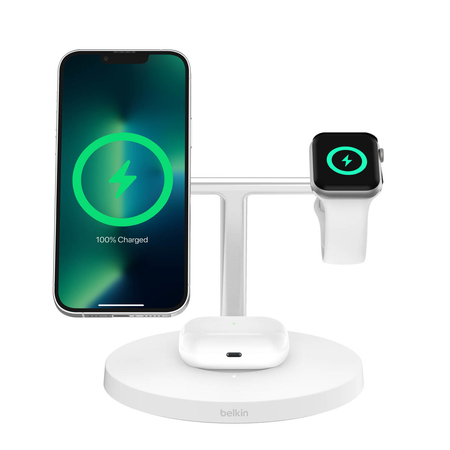 Belkin Stacja do ładowania bezprzewodowego na iPhone, Apple Watch, AirPods, Qi2 15W, biała (WIZ032KQWH)
