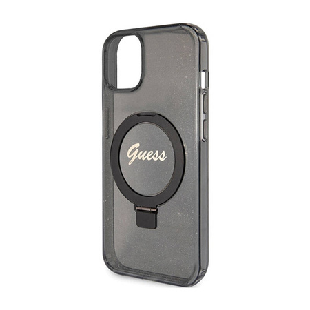 Guess Ring Stand Script Glitter MagSafe - Etui iPhone 15 Plus (czarny) (GUHMP15MHRSGSK)